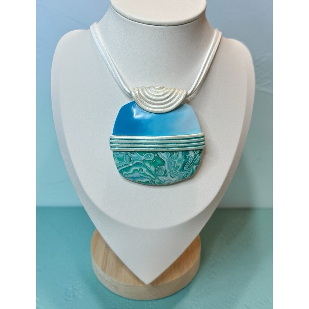 Artisan Blue Green & White Large Polymer Clay Pendant Necklace on 18" Cord